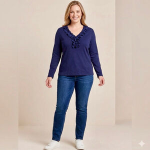 Chaps Navy Blue V-Neck Women's Tee with Ruffles, XL Size
